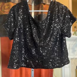 Black sequined crop top with a loose fit and short sleeves.